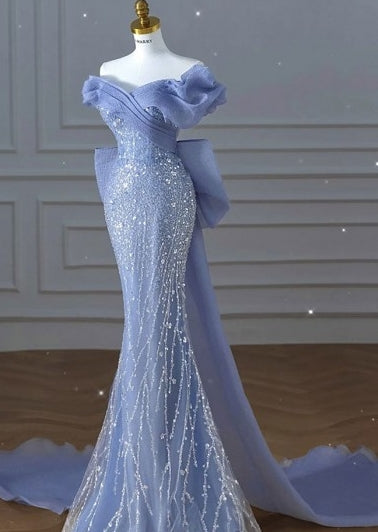 Luxury Big Bow Train Mermaid Sequined Dusty Prom Dress